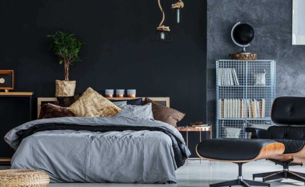 wicker accessories in black and grey modern bedroom