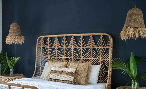 bedroom interior at cozy house with ethnic decor