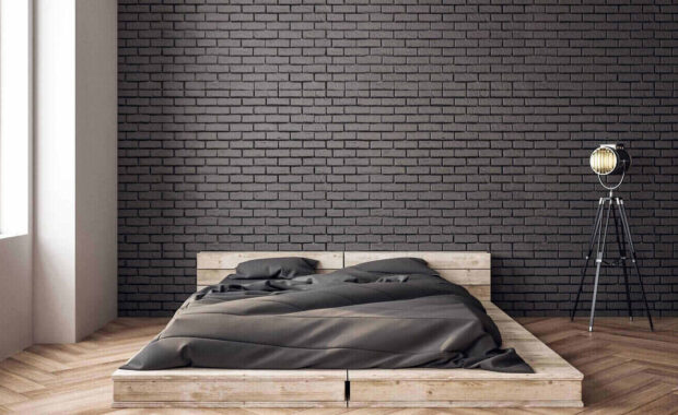 clean bedroom interior with dark gray textured wall covering