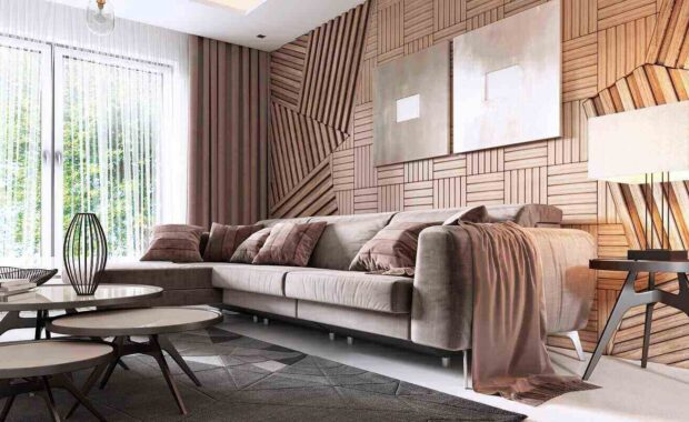 luxurious living room in contemporary style with wooden decorative panel on the wall