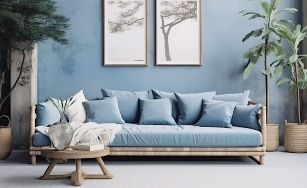 modern living room with a dark blue sofa with blue wall covering