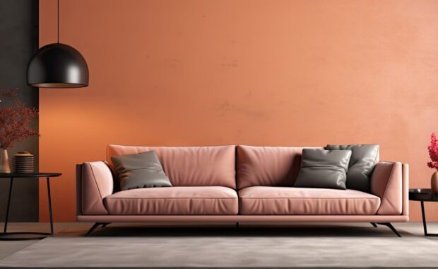 contemporary living room with trendy furniture and commercial wall covering