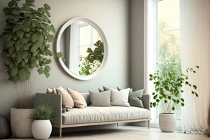 interior of light living room with comfortable sofa