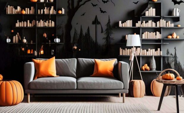 Forrest commercial wallcovering behind fall living room decor