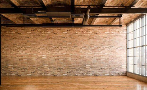 postindustrial commercial wall covering in office hall - panoramic 3d visualization