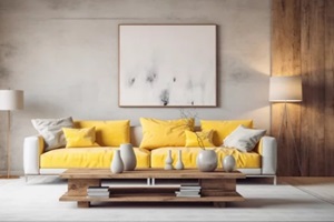 room with big sofa and photo frames on gray walls