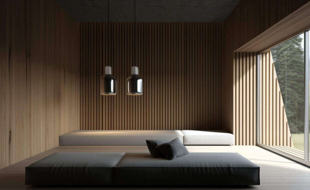 modern dark and open space living room with wooden Acoustic Wall Art