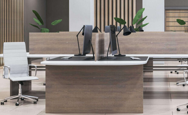 modern wooden and concrete coworking office interior with digital wall covering