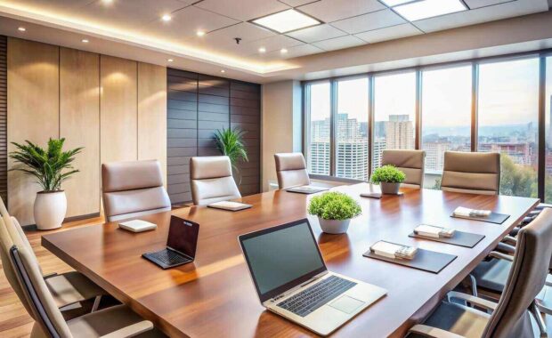 modern conference room with grey acoustic wall art