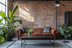 industrial interior photo of a modern living room with a red brick custom wall coving behind sofa and table
