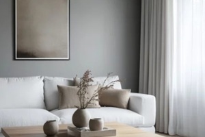 realistic photo of a clean, bright living room featuring a wooden square coffee table and white sofa