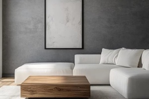 realistic photo of a modern, minimalist living room with a wooden square coffee table beside a white sofa