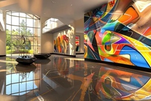 suburban modern foyer with a custom mural, interactive digital art display