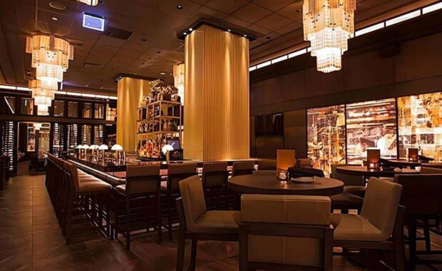 upscale restaurant with golden backlit acrylic art