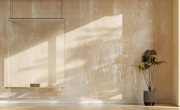 warm beige wallpapered wall design with a modern mirrored acrylic walls in a minimalist office