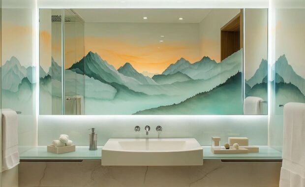 contemporary bathroom design with a backlit acrylic behind bathtub