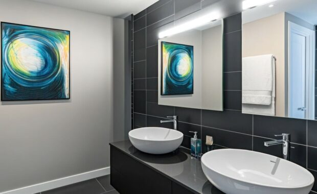 contemporary bathroom with sleek black tiles, a frameless mirror, and abstract acrylic mirror art in monochrome tones
