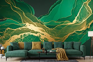 green lobby digital wall covering with couch in front