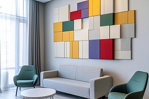 modern geometric Acoustic wall art over lobby couch