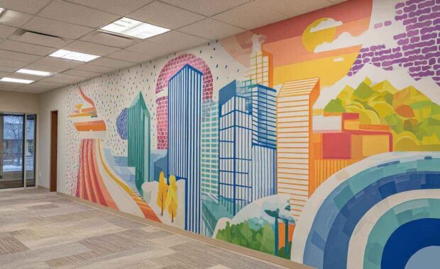 colored painted custom wall mural in a business office depicting success, progress, and sustainability in vibrant visuals