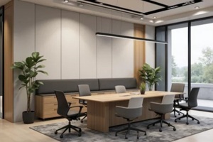 modern office space with large windows and acoustic panels for sound absorption
