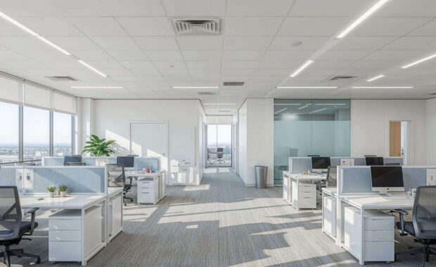 modern office workspace with individual workstations and custom wall coverings