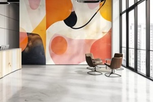 office space with wall mural abstract shapes, minimalist furniture