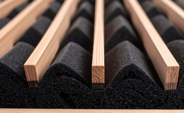 close up acoustic soundproofing panels wood slat felt interspace neutral timber dark felt wallpaper background representing panel texture detail suitable for interior design