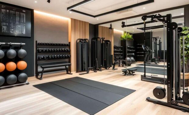 boutique fitness studio with sleek gym equipment and minimalistic design