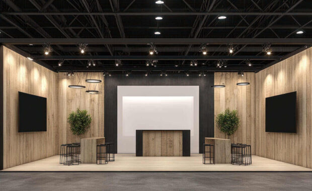 modern exhibition booth design with wood paneling and screens - acoustic panels for walls