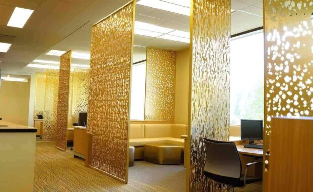 modern office interior design with golden room dividers