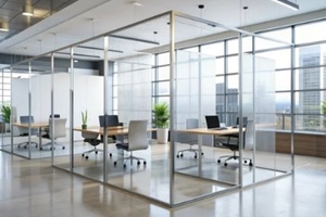 plexiglass dividers with metallic frames stand upright on a sleek white floor