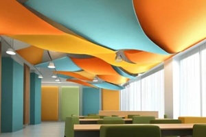 office boardroom with a stretched fabric ceiling featuring acoustic panels for soundproofing
